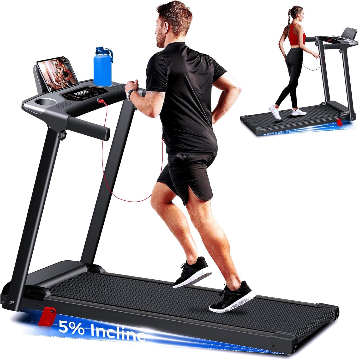 New Fitness Sports Folding 3.0 Horsepower Treadmill with Slope Function, Load Capacity of 300 Pounds, Speed of 6.2 Miles per Hour, Silent Home Treadmill, Using Double-layer Technology, 15inch Wide Running Belt, and 5% Manual Slope.