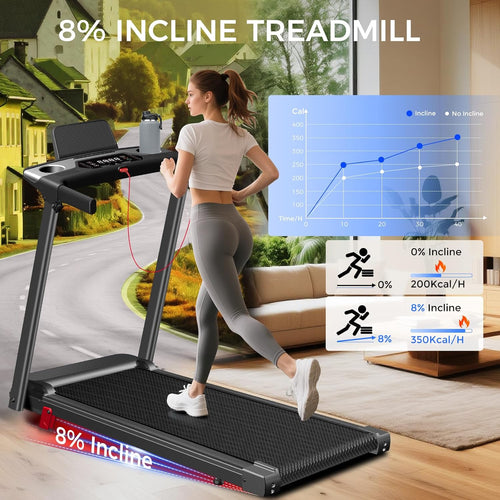 Home fitness exercise folding 3.0 horsepower treadmill, capable of supporting a weight of 300 pounds, with a 5%-8% slope adjustment.