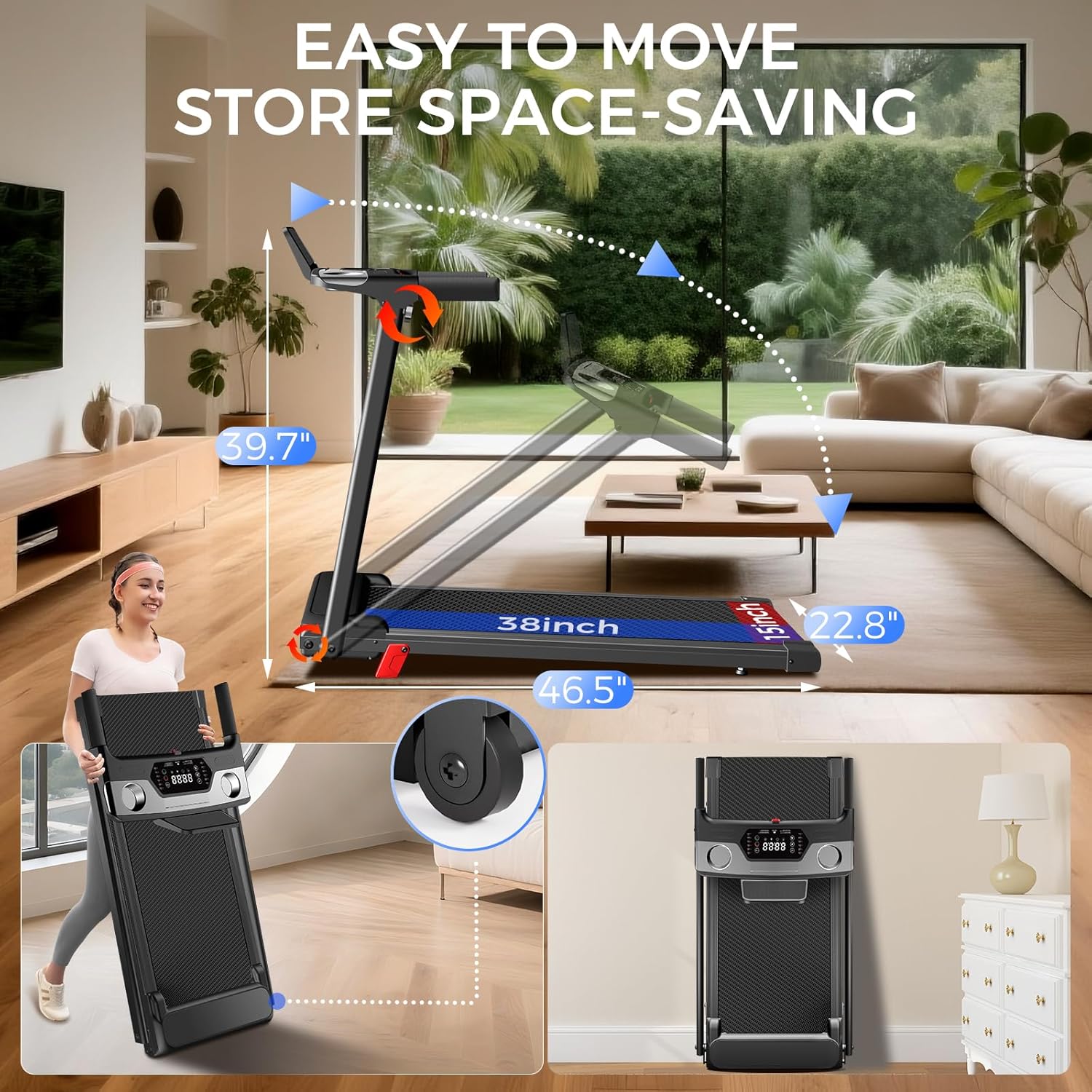 New Fitness Sports Folding 3.0 Horsepower Treadmill with Slope Function, Load Capacity of 300 Pounds, Speed of 6.2 Miles per Hour, Silent Home Treadmill, Using Double-layer Technology, 15inch Wide Running Belt, and 5% Manual Slope.